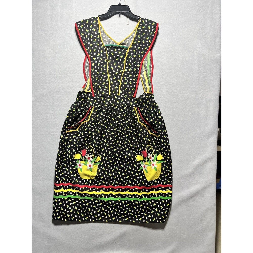Vintage Handmade Full Bib Apron Floral Basket Applique Rick Rack Pockets